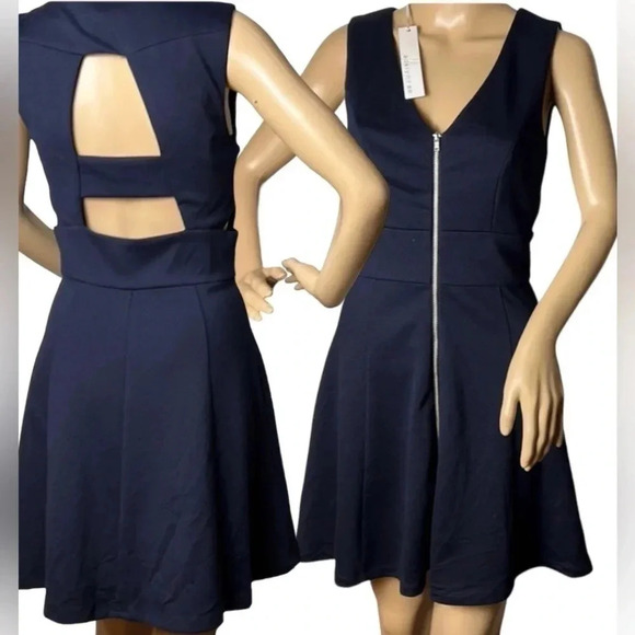ANTHROPOLOGIE. CUT OUT MINI FIT & FLARE BLUE DRESS WITH FRONT ZIPPER - Picture 1 of 14